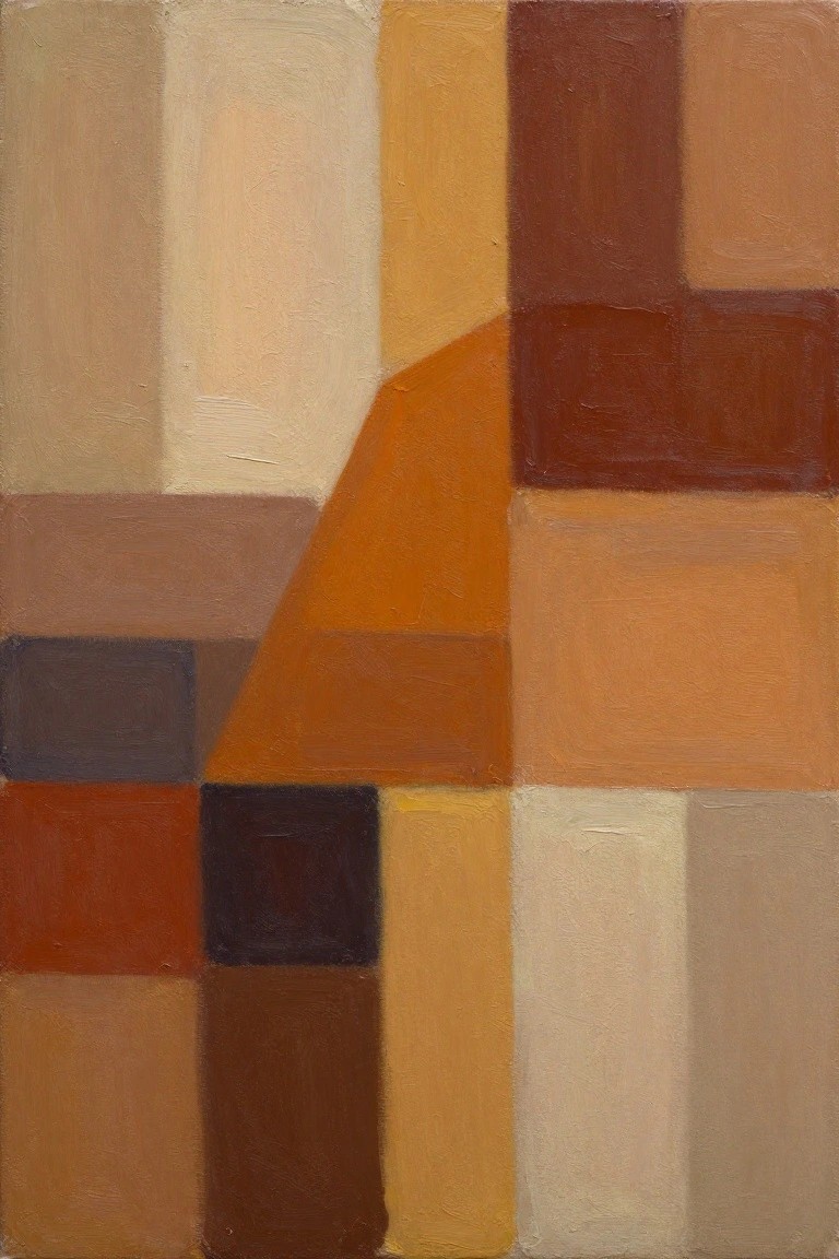Abstract oil painting of geometric rectangles and blocks in beige, orange, brown, tan, and yellow tones.