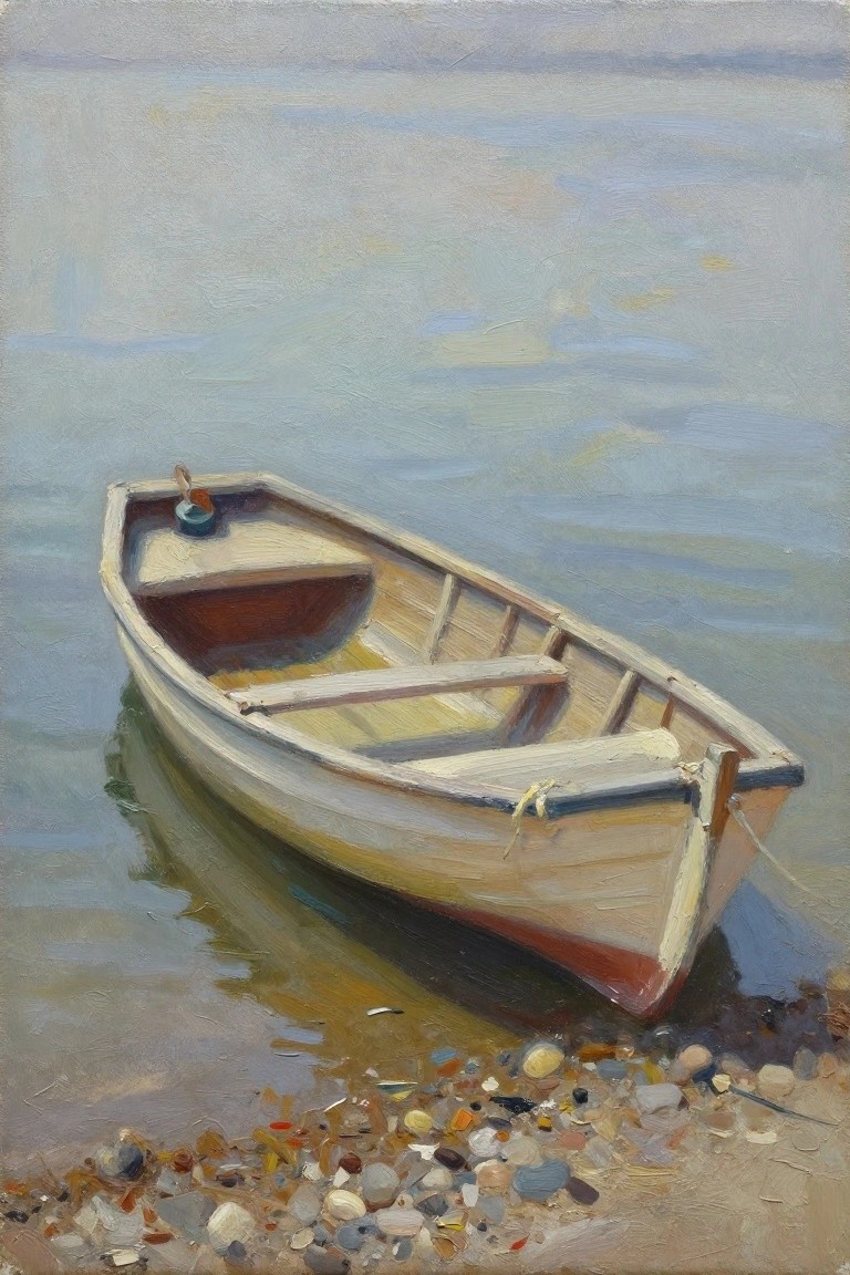 Oil painting of a white wooden rowboat resting on a pebbly shore next to calm reflective water under a hazy sky.