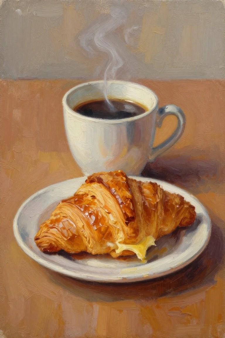 Oil painting of a split croissant with melting butter on a white plate beside a white cup of steaming black coffee on a wooden table.