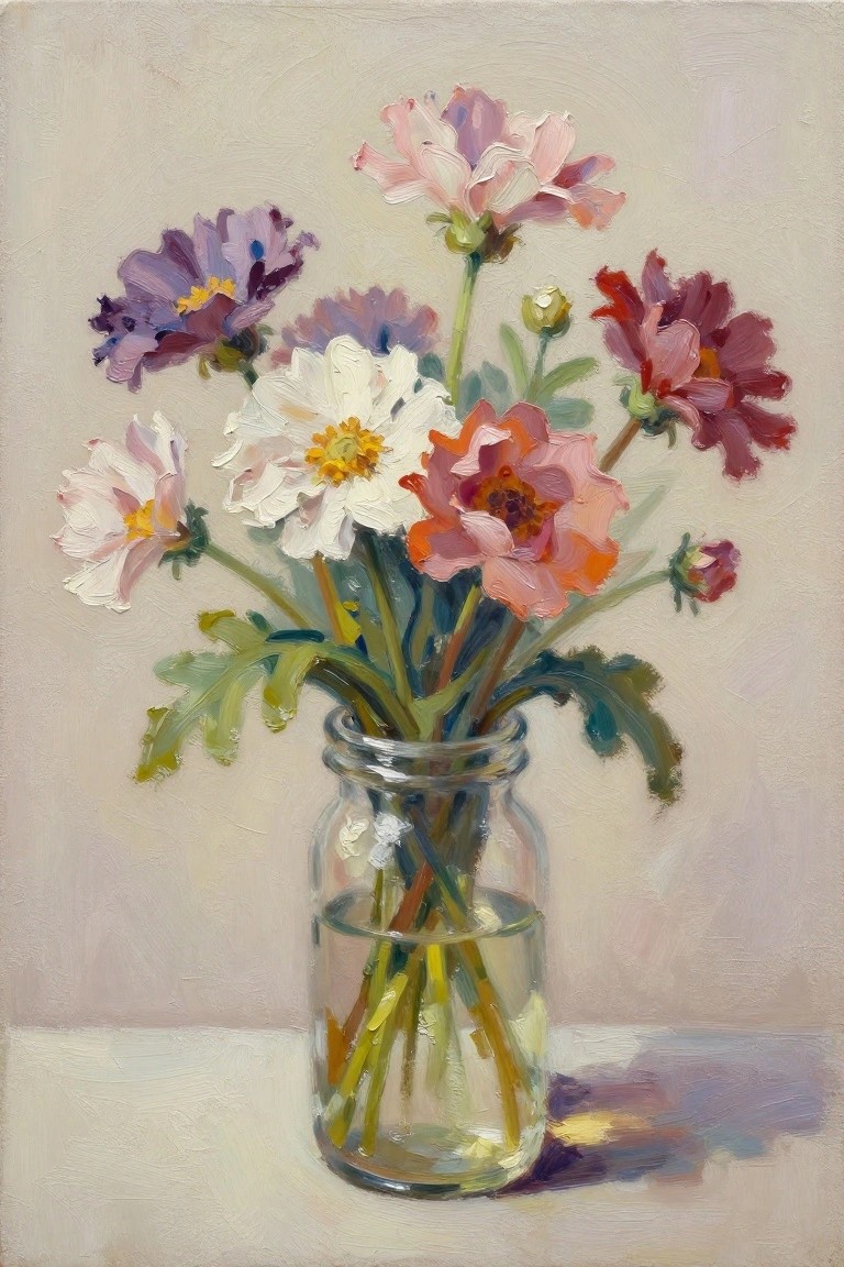 Oil painting of mixed pink, purple, white, and red cosmos flowers in a glass jar with stems in water on a beige surface.