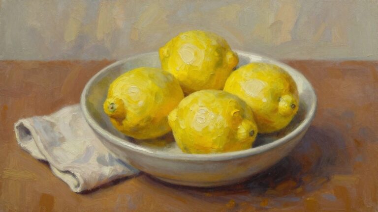 22 Easy Oil Painting Ideas For Beginners You’ll Want To Try Tonight Oil painting of yellow lemons piled in a white bowl on a cloth over a wooden table with neutral background.