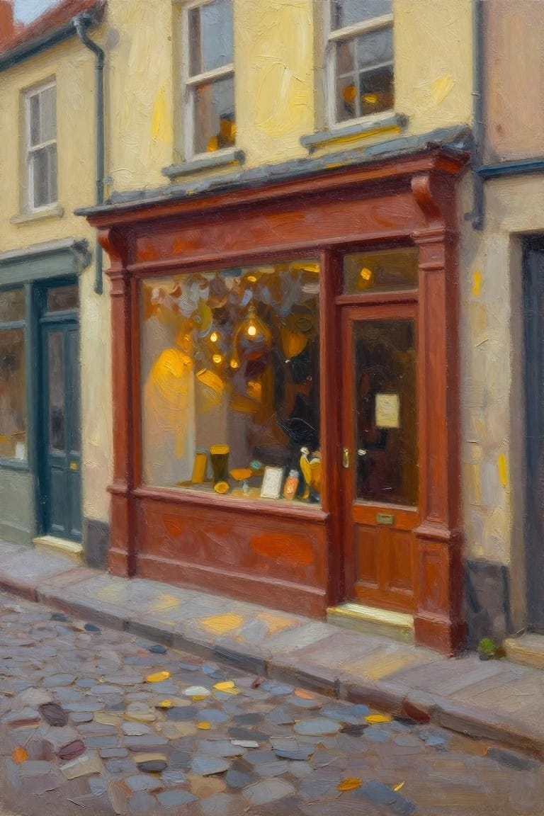 Oil painting of a red-framed hat shop window glowing warmly on a cobblestone street with yellow buildings, fall leaves, and a green door nearby.