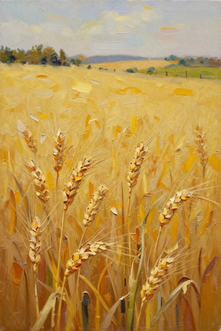 Oil painting of golden wheat stalks in the foreground extending into a yellow field with distant trees, green patches, and cloudy sky.