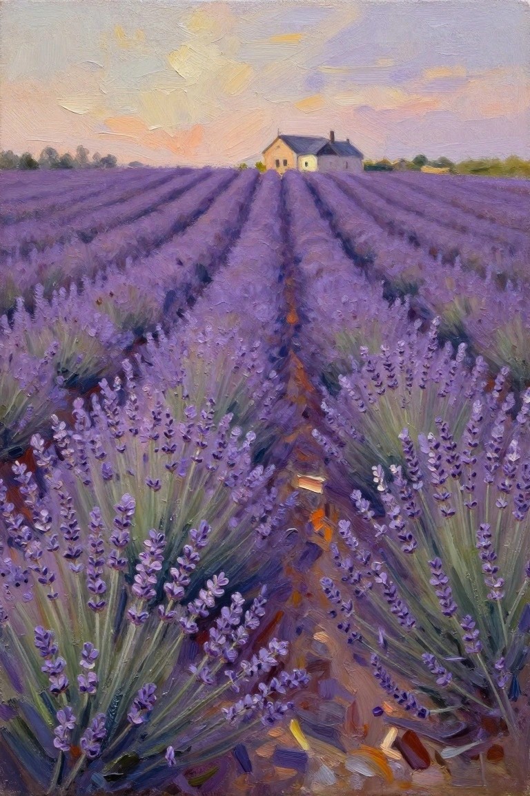 Oil painting of rows of purple lavender in a field leading toward a small white house under a pinkish sunset sky with scattered clouds.