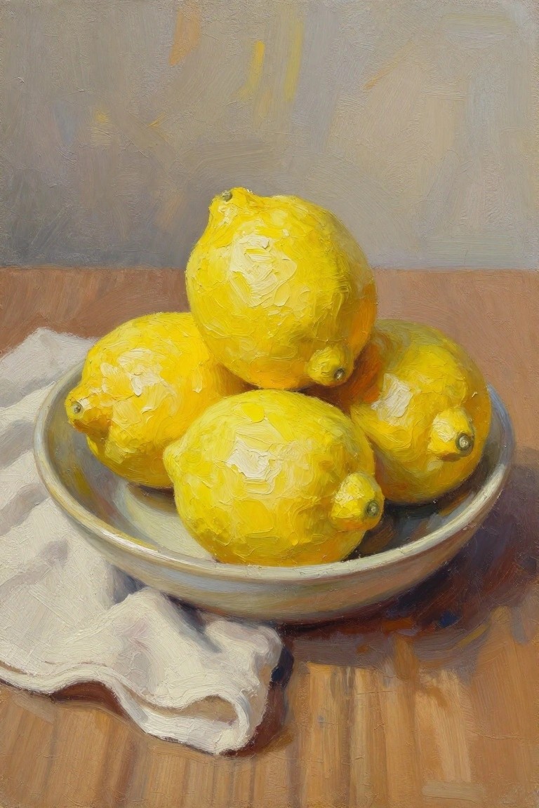 Oil painting of yellow lemons piled in a white bowl on a cloth over a wooden table with neutral background.