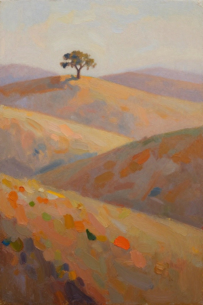 Impressionistic oil painting of a lone oak tree on a hill with rolling golden hills and distant purple mountains under a pale sky.