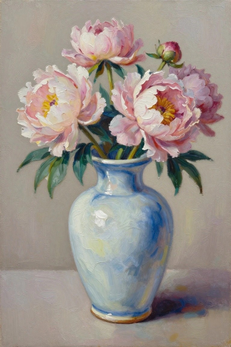 Oil painting of multiple pink peonies at different bloom stages in a blue porcelain vase with green leaves on a neutral gray background.