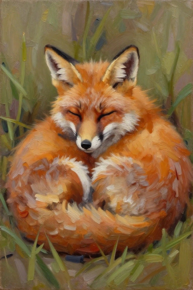 Oil painting of a fluffy red fox sleeping curled up surrounded by tall green grass.
