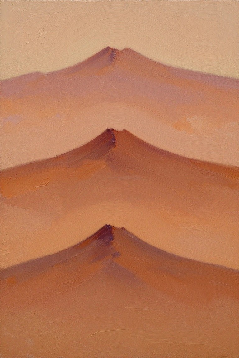 Oil painting of three overlapping mountain peaks in layered beige, pink, and orange tones with soft blending.