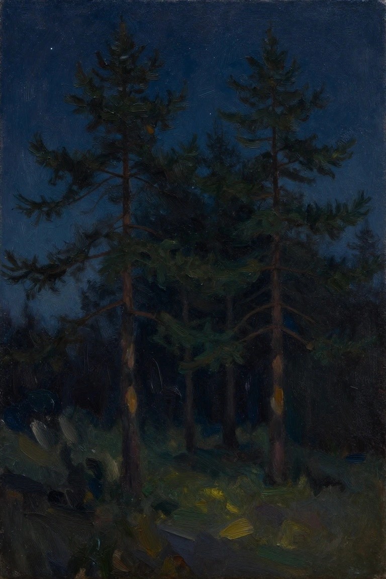 Oil painting of tall dark pine trees under a starry blue night sky with yellow glows and green grass on the forest floor.