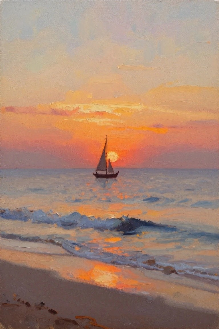 Oil painting of a sailboat silhouetted against a setting sun over the ocean, with waves breaking on a beach in the foreground.