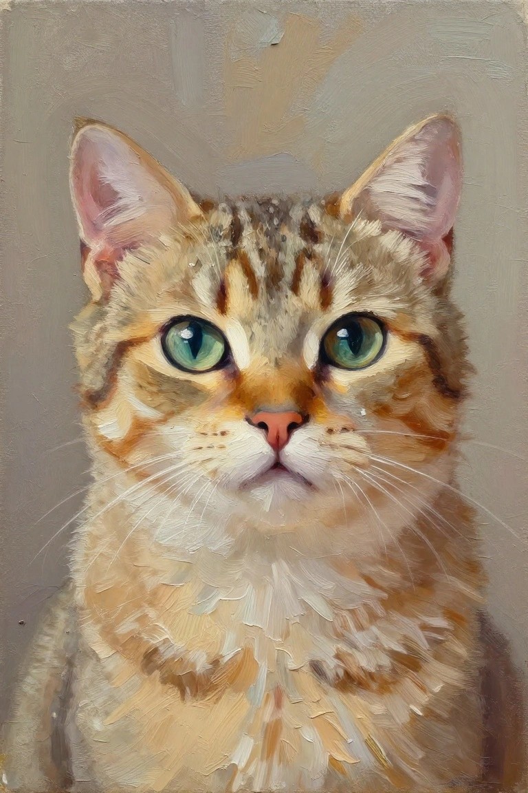 Oil painting close-up of a tabby cat's face with green eyes, striped fur, and neutral background.