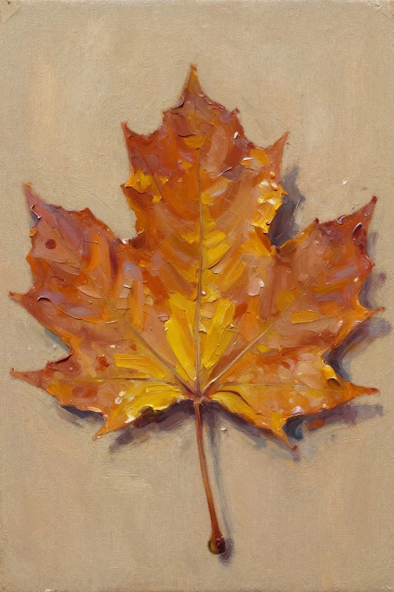 Oil painting of a detailed orange-yellow maple leaf with stem on beige canvas.