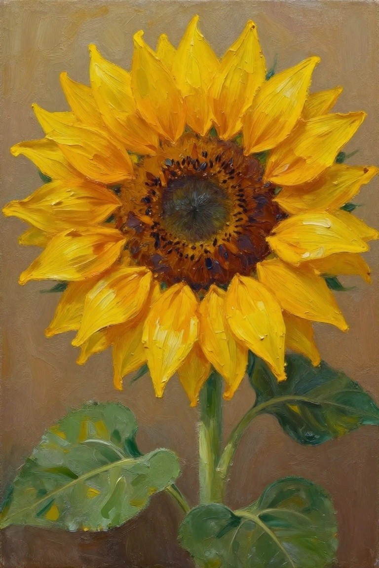 Oil painting of a close-up sunflower with bright yellow petals, brown textured center, green leaves, and beige background.