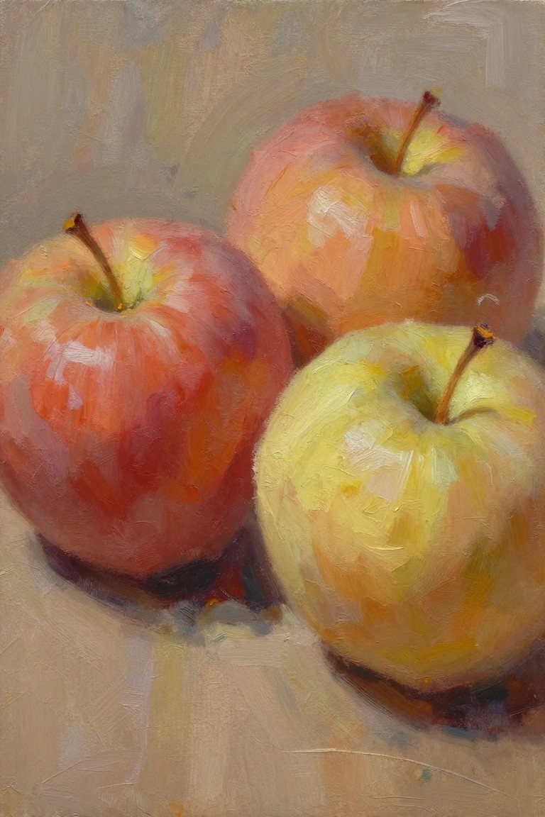 Oil painting of three apples, two red and one yellow-green, grouped on a textured neutral surface with soft shadows.