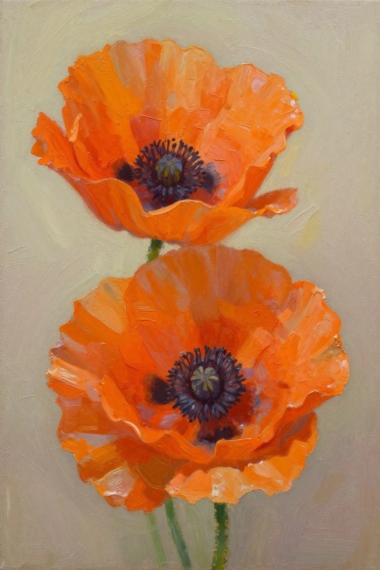 Oil painting of two overlapping orange poppies with dark centers and green stems on a beige background.