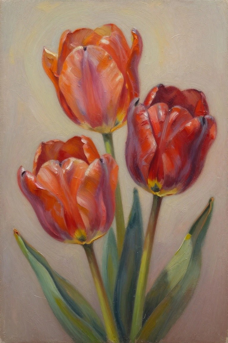 Oil painting of three clustered tulips in orange and red tones with green stems and leaves against a beige background.