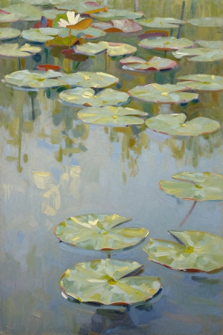 Oil painting of overlapping green lily pads and one white flower on a reflective blue-green pond surface.