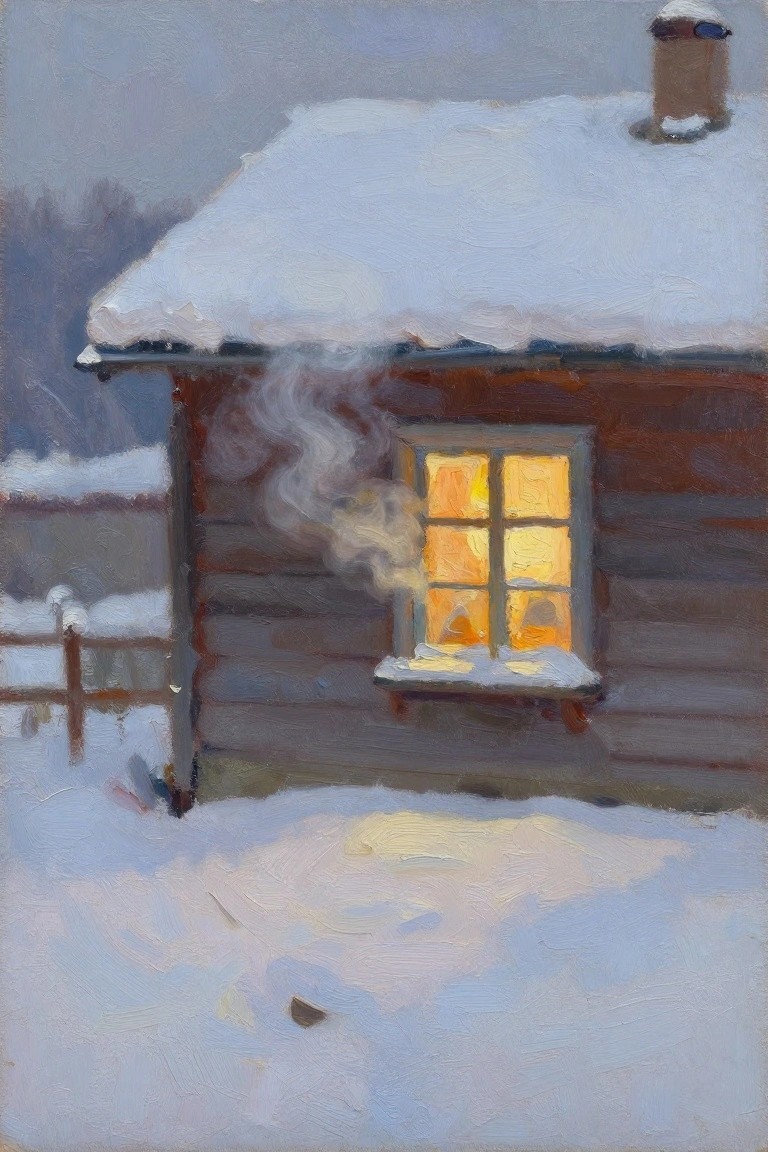 Oil painting of a wooden cabin with snow-covered roof, glowing yellow window, chimney smoke, and snowy landscape at dusk.