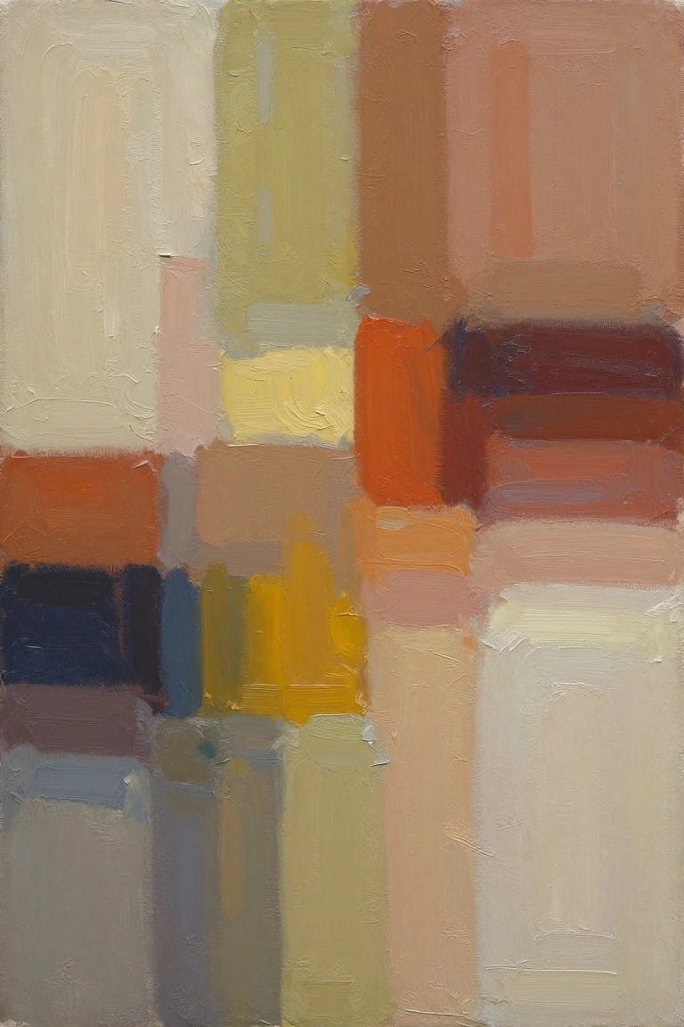 Abstract oil painting with overlapping rectangular blocks in beige, gray, white, yellow, orange, red, pink, and blue tones.