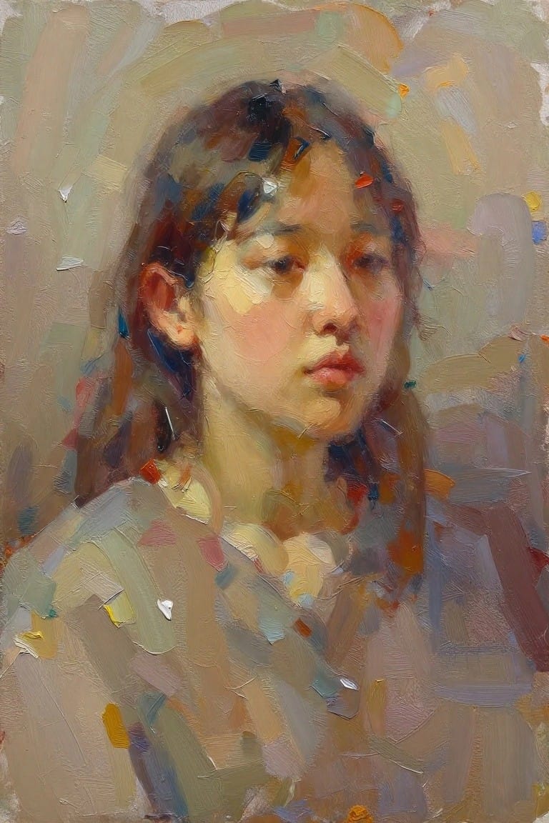 Oil painting of a young girl's face with dark wavy hair, subtle smile, soft blended skin tones, and loose brushwork in warm hues.