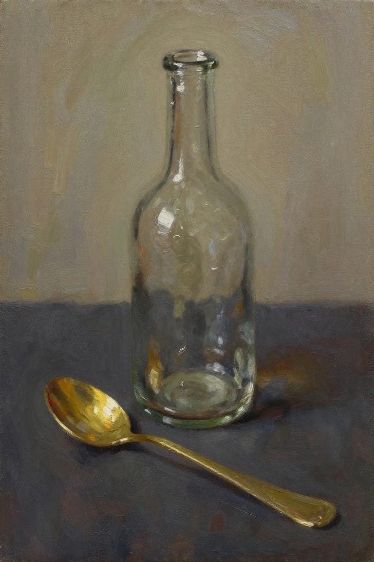 Oil painting of a clear glass bottle and shiny gold spoon on a dark table against a beige background.