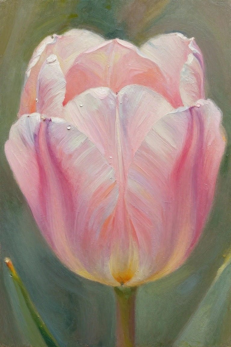 Oil painting of a single pink tulip with dew drops against a green background.