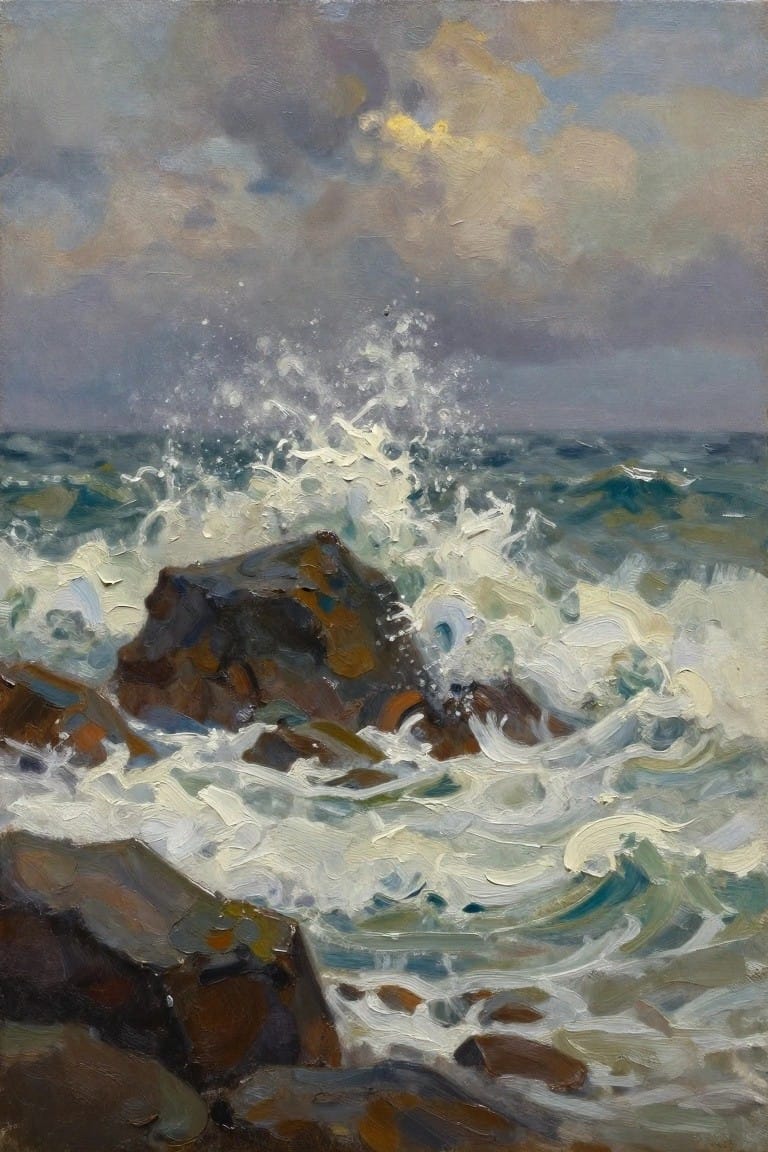 Oil painting of white waves crashing against dark rugged rocks under a cloudy sky with golden light breaking through.