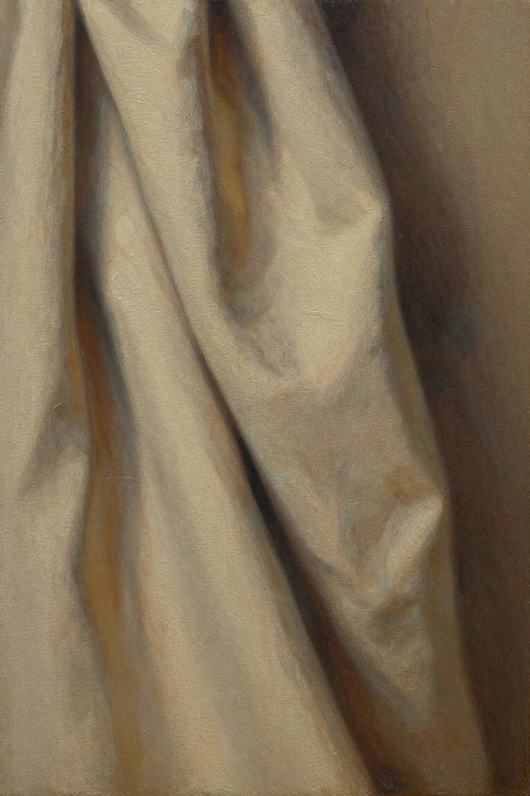 Oil painting study of beige fabric draped in soft folds with shadows creating depth against a plain background.