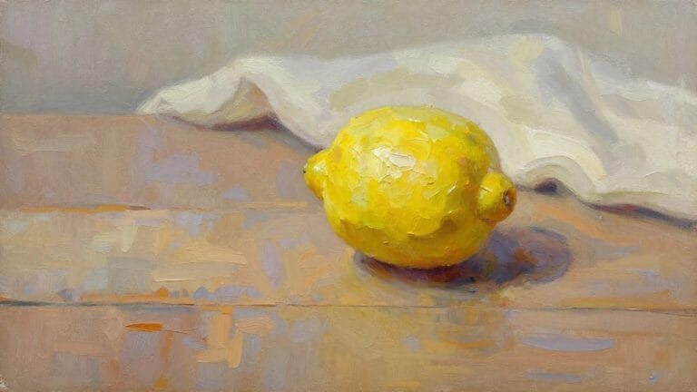 22 Inspiring Oil Painting Practice Ideas To Improve Your Skills Oil painting of a textured yellow lemon on a wooden table with a blurred neutral background.