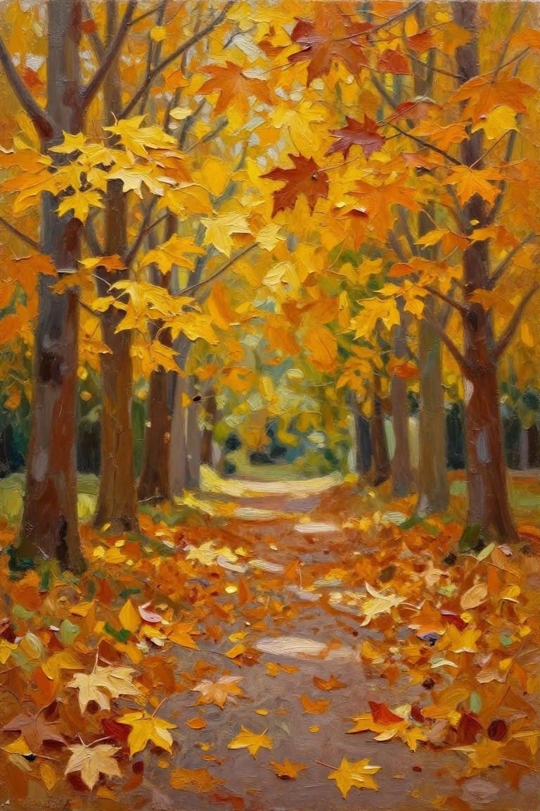 Oil painting of a leaf-strewn path leading through tall trees with vibrant yellow and orange autumn foliage.