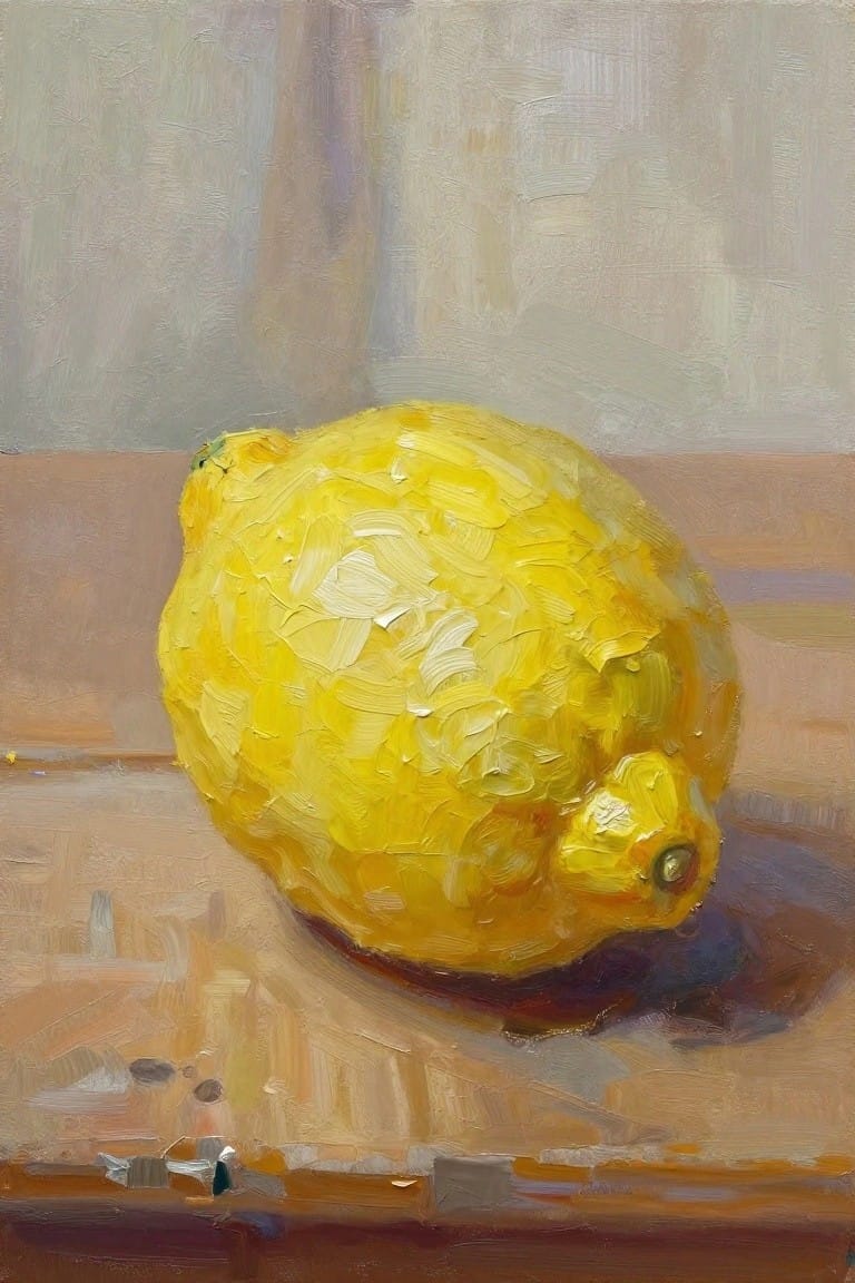 Oil painting of a textured yellow lemon on a wooden table with a blurred neutral background.