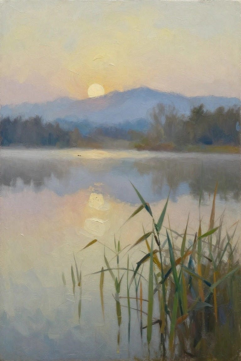 Oil painting depicting a sunset over a misty lake with reed reflections, distant mountains, and soft blended skies.