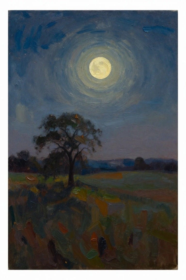 Oil painting depicting a bright full moon with halo in a dark blue night sky above a field, lone tree, and distant hills.