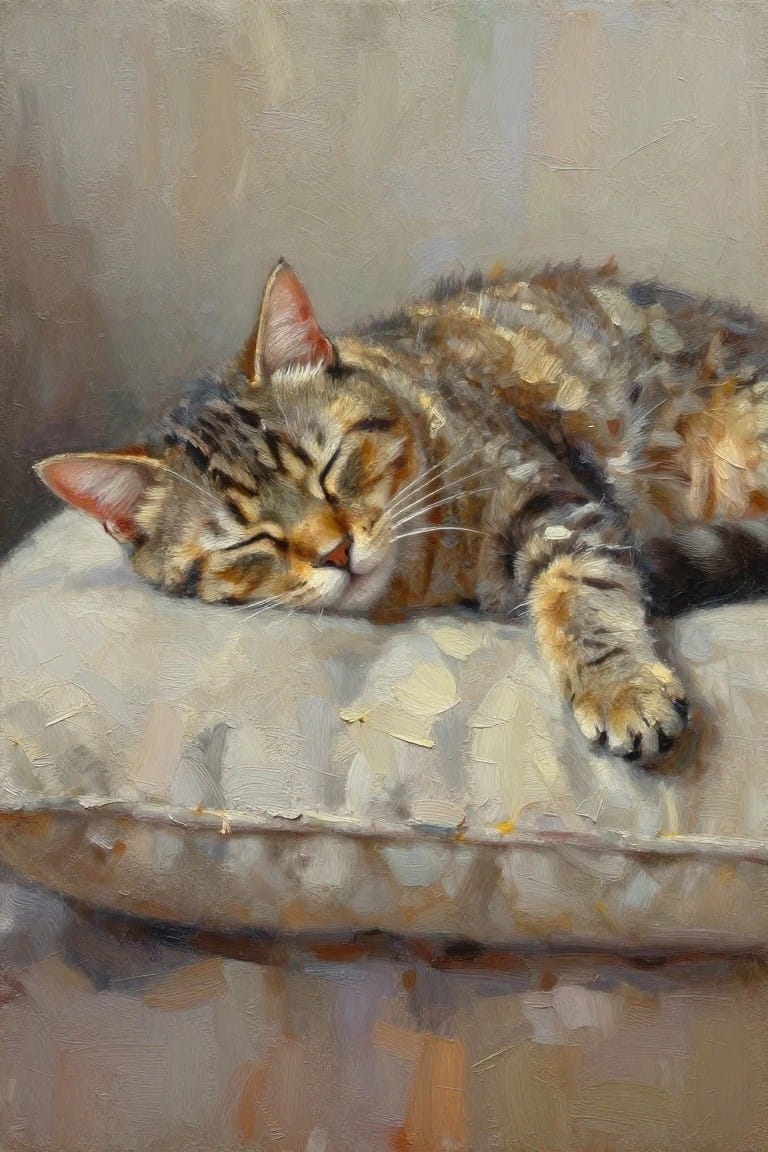 Oil painting of a tabby cat sleeping curled up on a beige pillow with one paw extended.