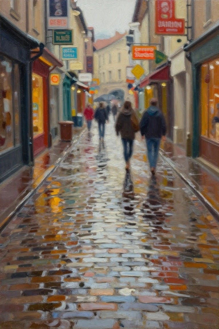 Oil painting of a narrow wet cobblestone alley with colorful reflections from shop lights and blurred people walking in the distance.