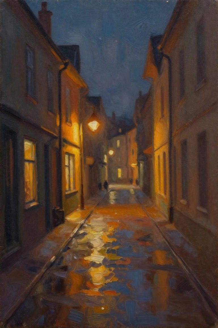 Oil painting of a narrow wet cobblestone alley at night lit by streetlamps with glowing reflections and a distant walking figure.