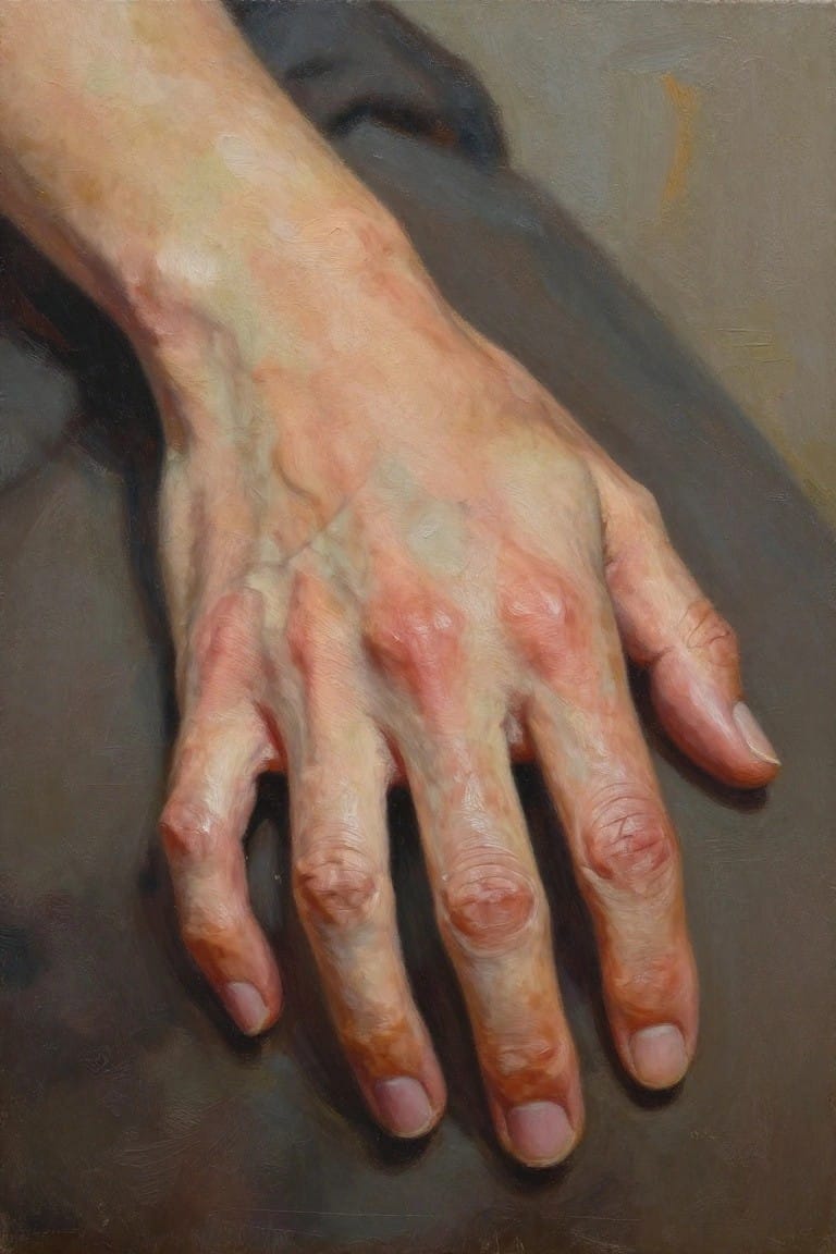 Oil painting close-up of an elderly hand with wrinkled skin, veins, and reddish tones resting on a dark surface.
