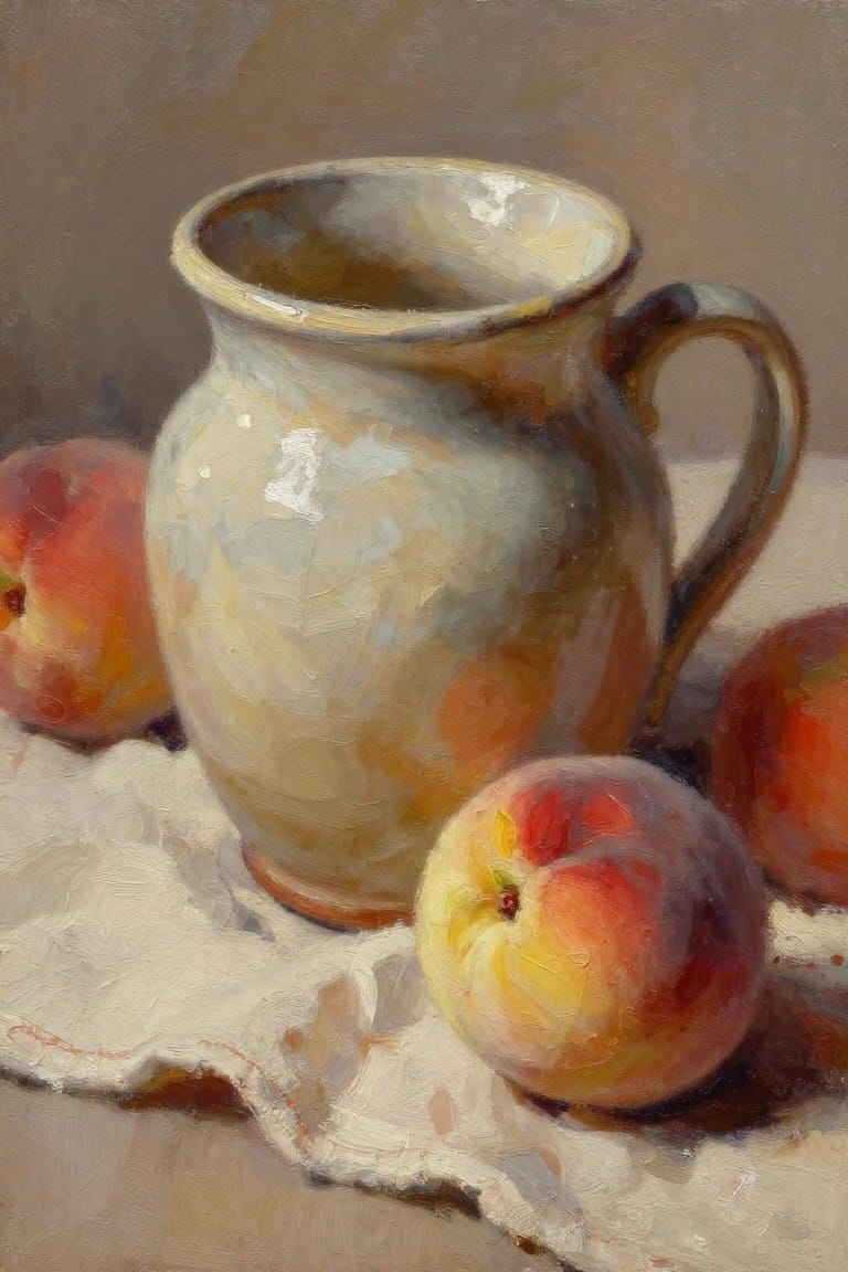 Oil painting of a white ceramic pitcher with handle next to several ripe peaches on a draped white cloth.