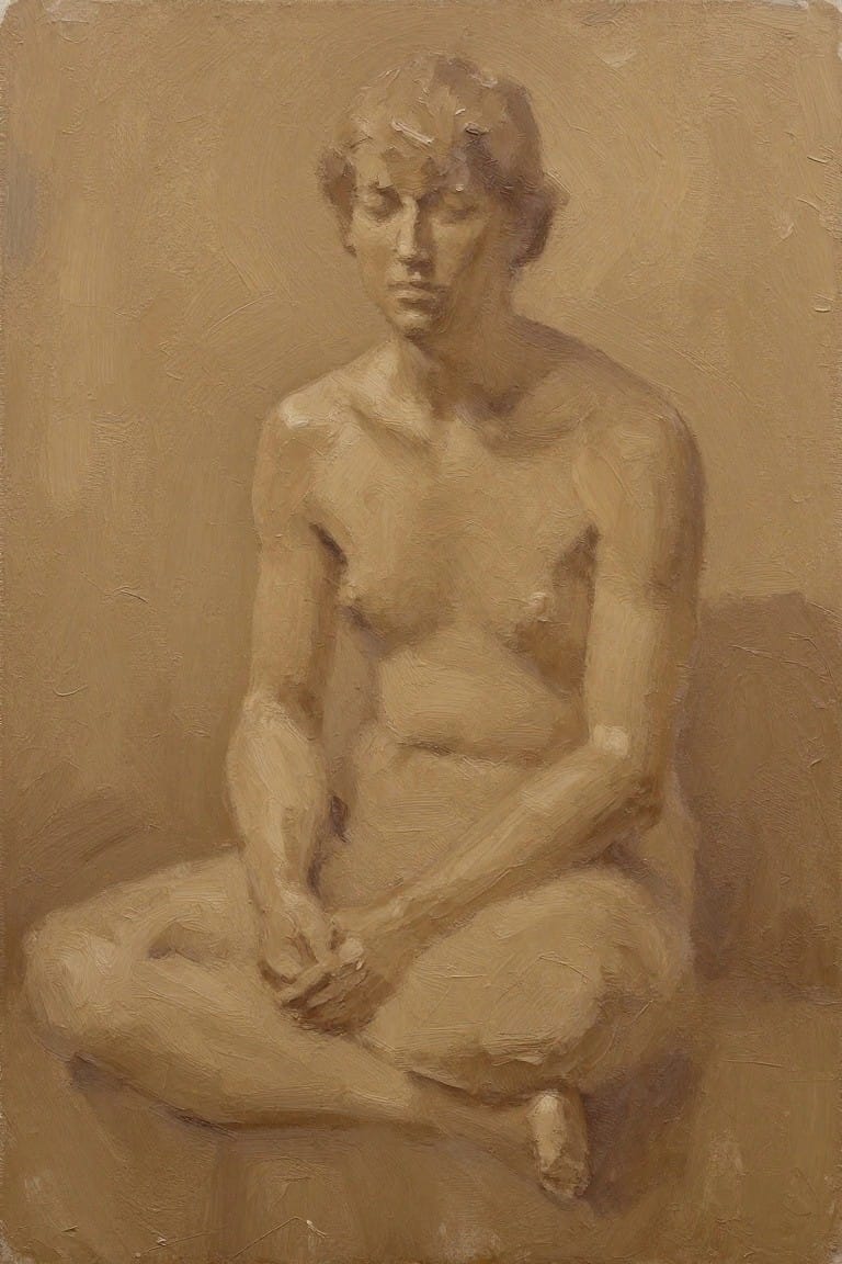 Oil painting of a nude woman seated cross-legged with hands clasped in lap, rendered in monochromatic earthy tones on a simple background.