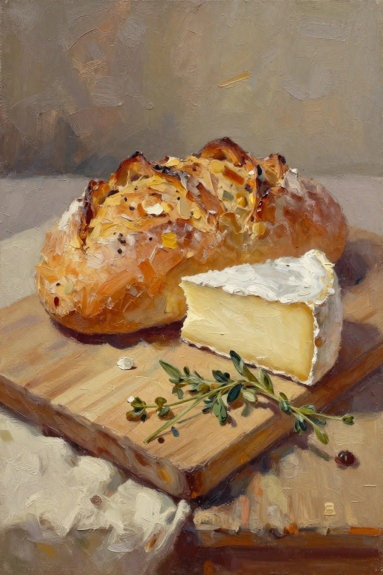 Oil painting of a torn seeded bread loaf beside a brie cheese wedge with thyme on a wooden cutting board.
