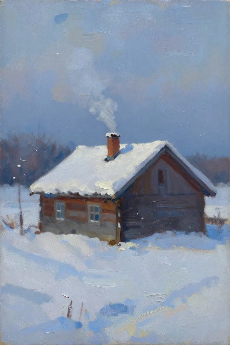 Oil painting of a small wooden cabin with snow-covered roof, chimney smoke, and winter landscape under a blue-gray sky.