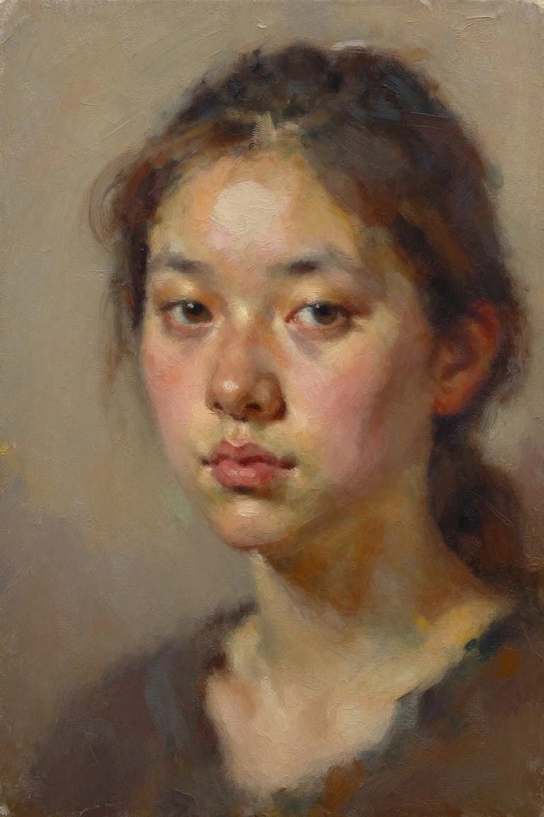 Oil portrait of a young East Asian woman with dark hair in a ponytail, gazing slightly aside, rendered in soft blended earth tones.