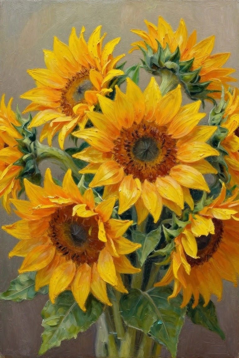 Oil painting of a bouquet of sunflowers in a glass vase with textured yellow petals and green leaves on a neutral background.