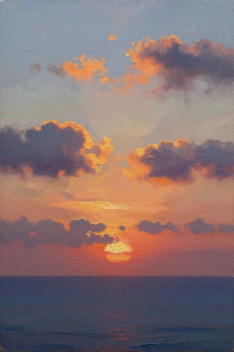 Vertical oil painting of an orange sun setting over a dark blue ocean, surrounded by layered clouds in blue, orange, and pink hues.
