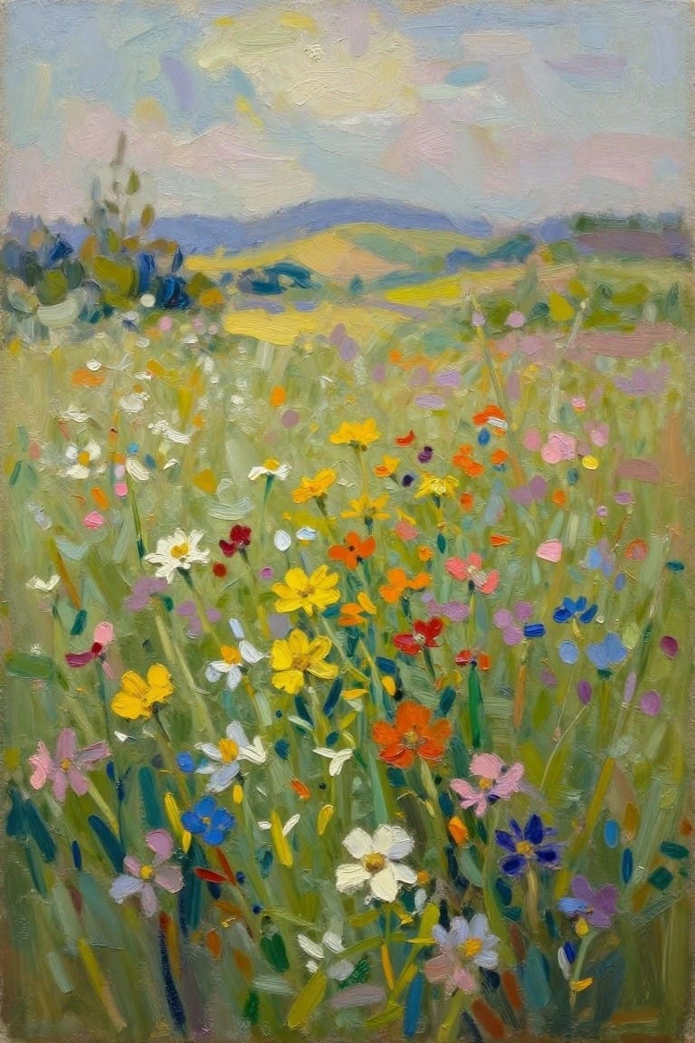 Oil painting of a colorful wildflower meadow in the foreground with green fields, trees, hills, and cloudy sky in the background.