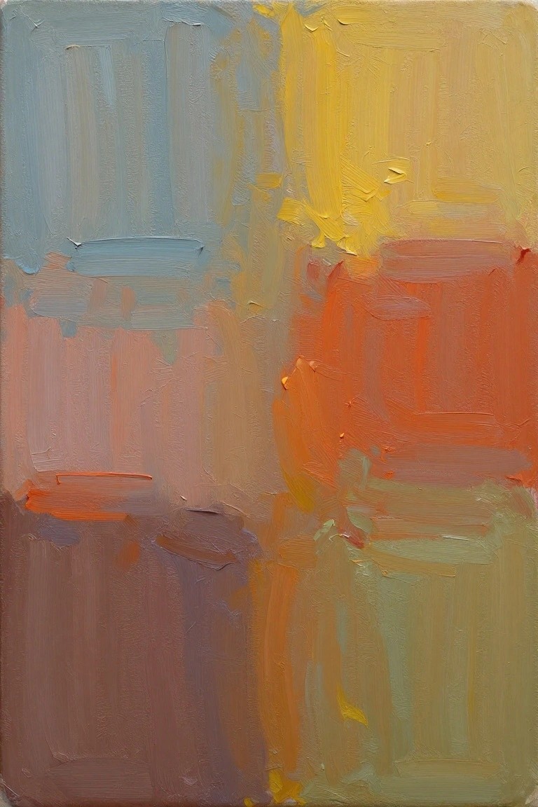 Abstract oil painting divided into rectangular color fields blending blues, yellows, oranges, pinks, greens, and browns with textured brushstrokes.