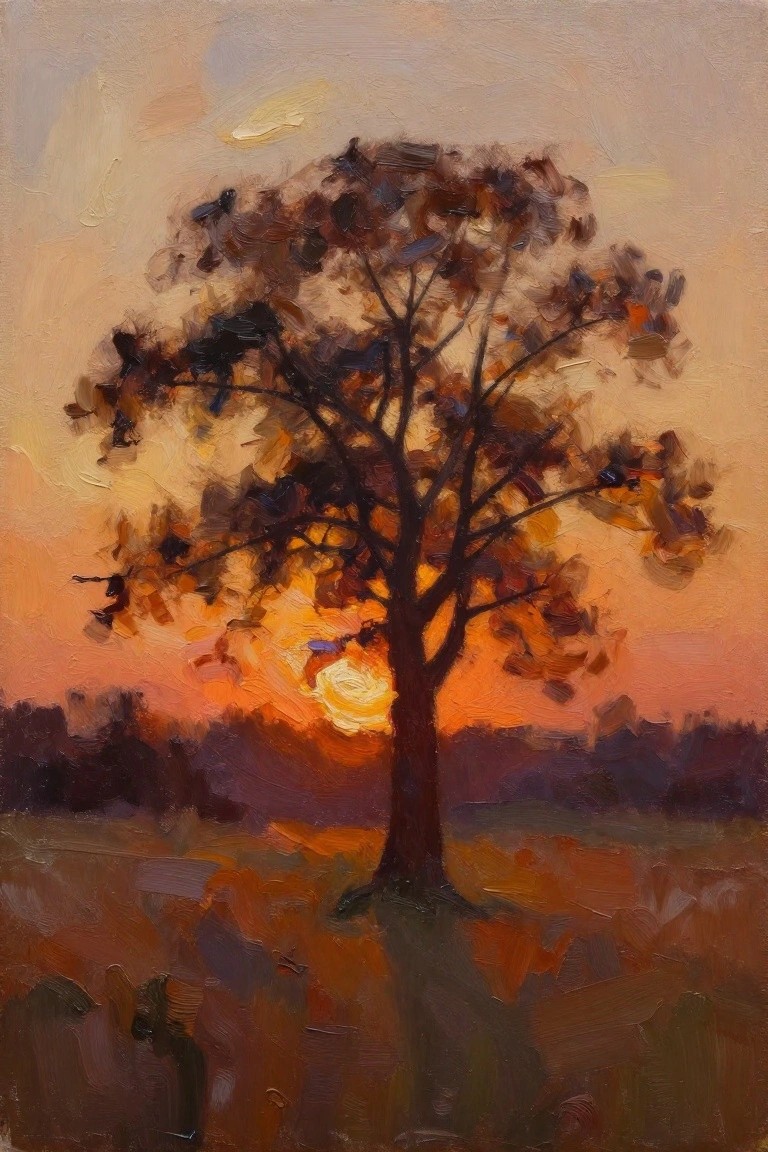 Oil painting of a large tree silhouetted against a setting sun in an autumn field with warm blended colors.