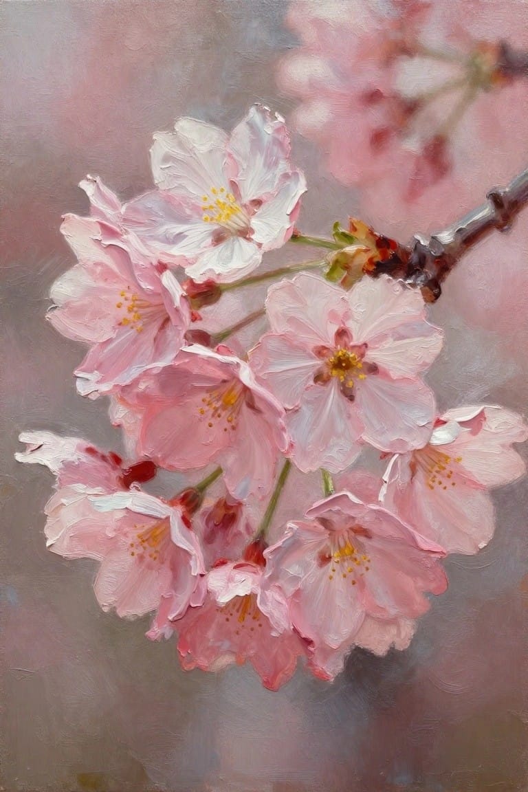 Oil painting of clustered pink cherry blossoms on thin branches against a blurred pink-gray background.