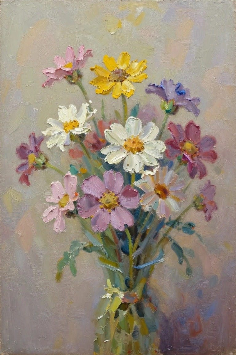 Oil painting of a bouquet of multicolored cosmos flowers in a glass vase against a beige background.